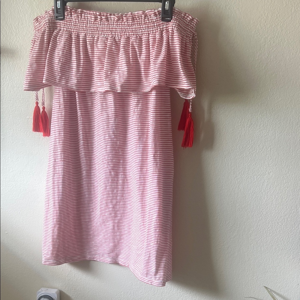 Off-Shoulder Orange & White Striped Cotton Tassel Dress with Pockets
